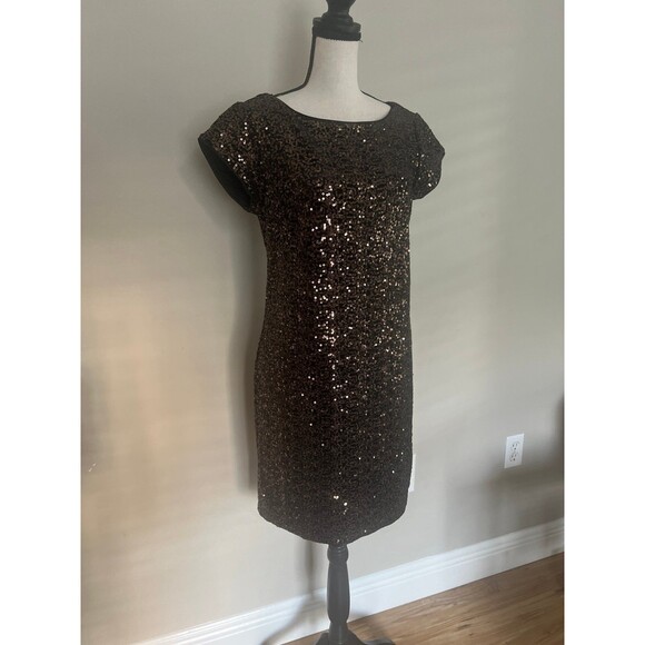 Eliza J Dress Women’s 6 Black Gold Sheath Mini Velvet Sequins Cap Sleeves - Picture 1 of 6